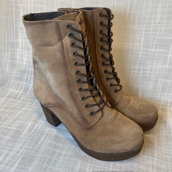 Eric Michael Brown Suede Lace Up Zip Platform Heel Boots Booties Womens 7.5 - Picture 3 of 9
